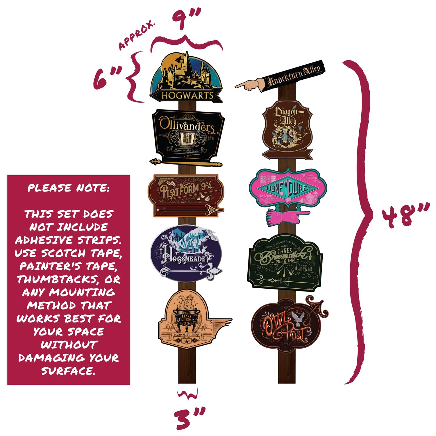 Conquest Journals Harry Potter Wizarding World Directional Sign Set, Officially Licensed, 12 Pieces, 10 6'' x 9'' Location Signs & 2 48'' Posts, Cardstock, Party Decorations or Home Decor - Image 9