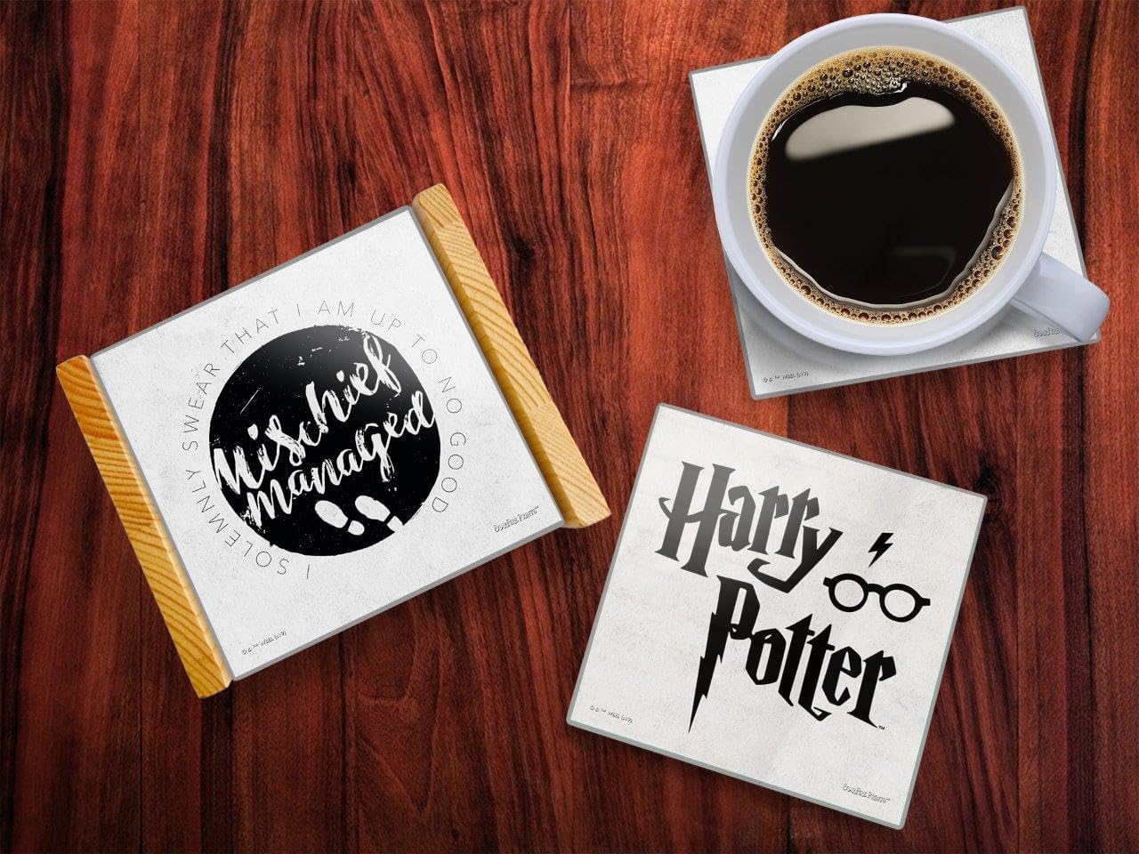 Harry Potter – Symbols – Set of Four 4” x 4” Glass Coasters - Platform 9 ¾ - Deathly Hallows – Marauder’s Map – Comes with Stylish Modern Wooden Coaster SPCSTR1017 - Image 3