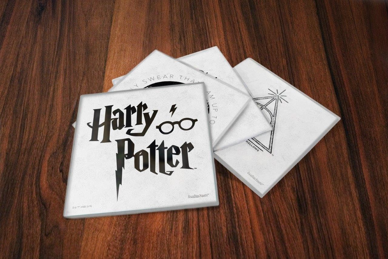 Harry Potter – Symbols – Set of Four 4” x 4” Glass Coasters - Platform 9 ¾ - Deathly Hallows – Marauder’s Map – Comes with Stylish Modern Wooden Coaster SPCSTR1017 - Image 4