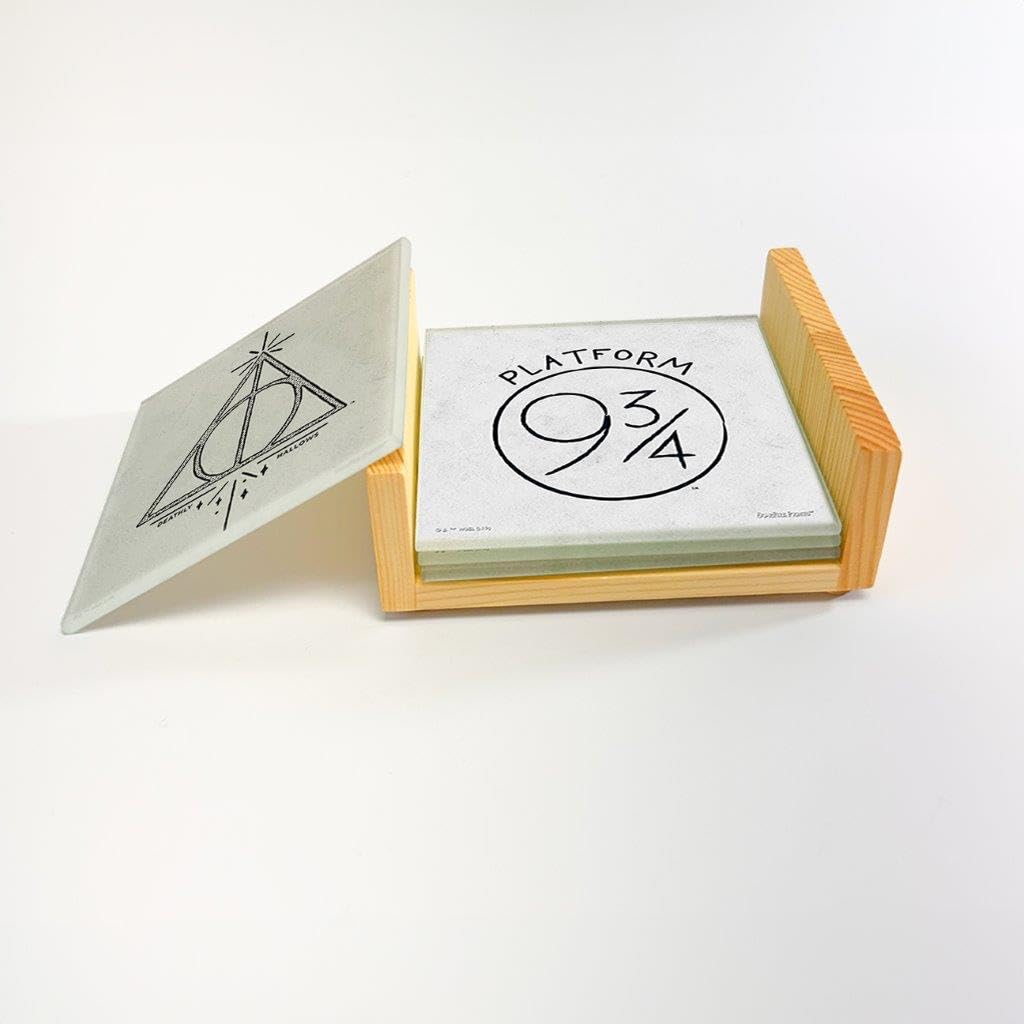 Harry Potter – Symbols – Set of Four 4” x 4” Glass Coasters - Platform 9 ¾ - Deathly Hallows – Marauder’s Map – Comes with Stylish Modern Wooden Coaster SPCSTR1017 - Image 5